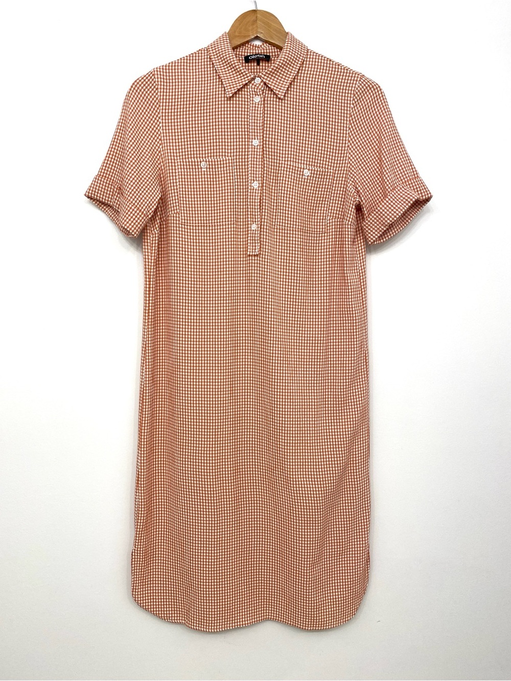 Olsen Seersucker Gingham Shirt Dress Clay Cream Midi Women’s 4 XS
